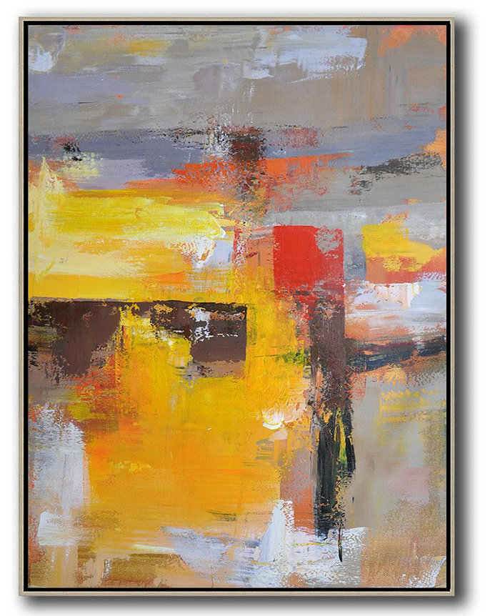 Hand Painted Acrylic Painting,Vertical Palette Knife Contemporary Art,Big Painting,Yellow,Red,Purple,Grey.etc